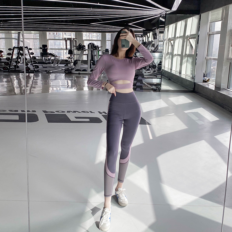 Fitness suit female fashion sexy net celebrity quick-drying long-sleeved tight running sports professional high-end yoga clothes autumn