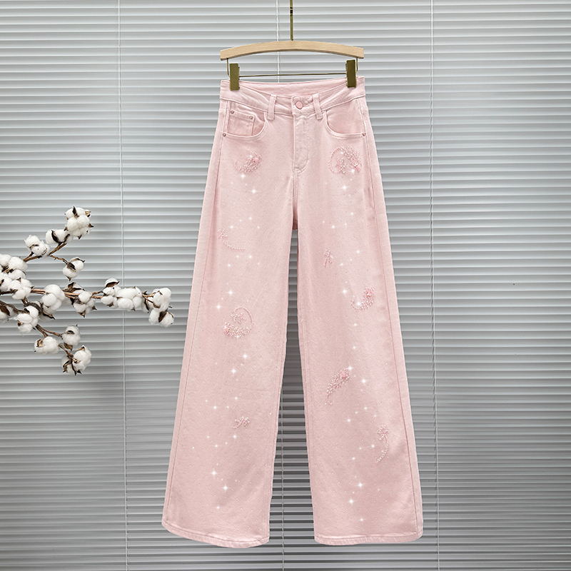 Pink Beaded Floor-Length Jeans for Women, Trendy 2026 Summer New Style, High-Waisted, Loose-Fitting, Versatile, Rhinestone Wide-Leg Pants