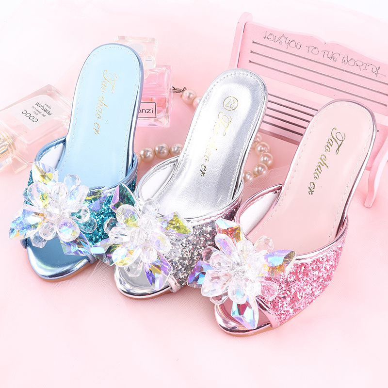 Girls' High-Heeled Slippers Indoor Sandals 2025 New Style Little Girl Shoes Home Children's Princess Crystal Shoes Soft Sole