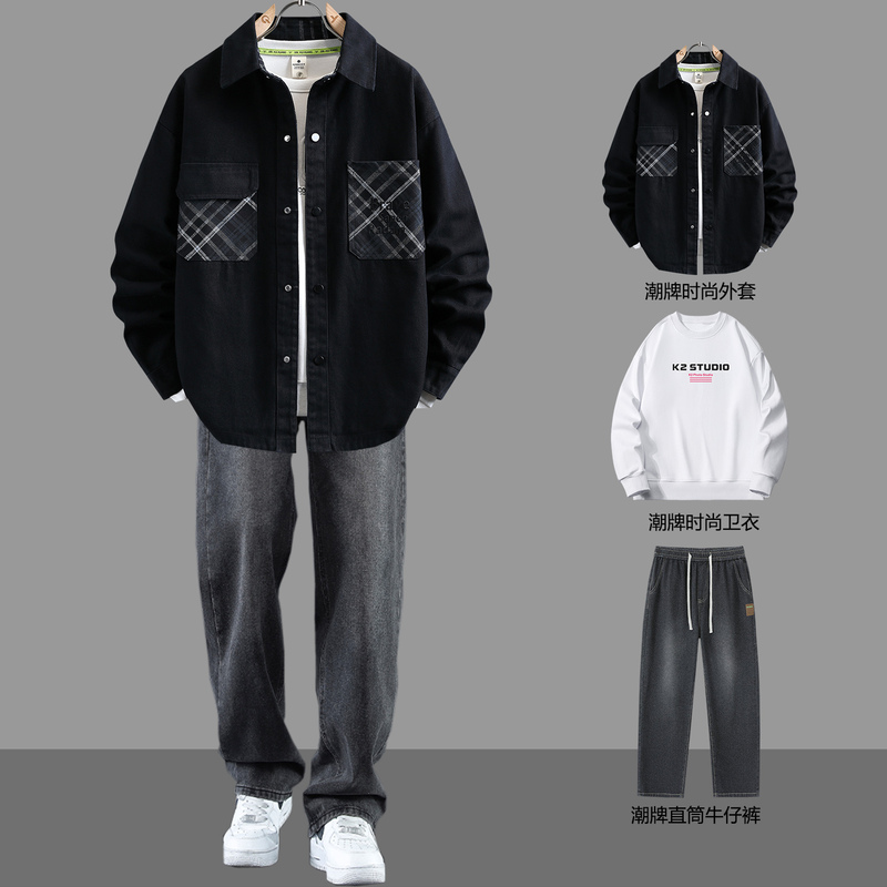 Spring and Autumn Jackets for Men, a Set of Stylish and Cool Outfits for Teenagers, High School Students, and College Students, Trendy Denim Shirts, Men's Jackets