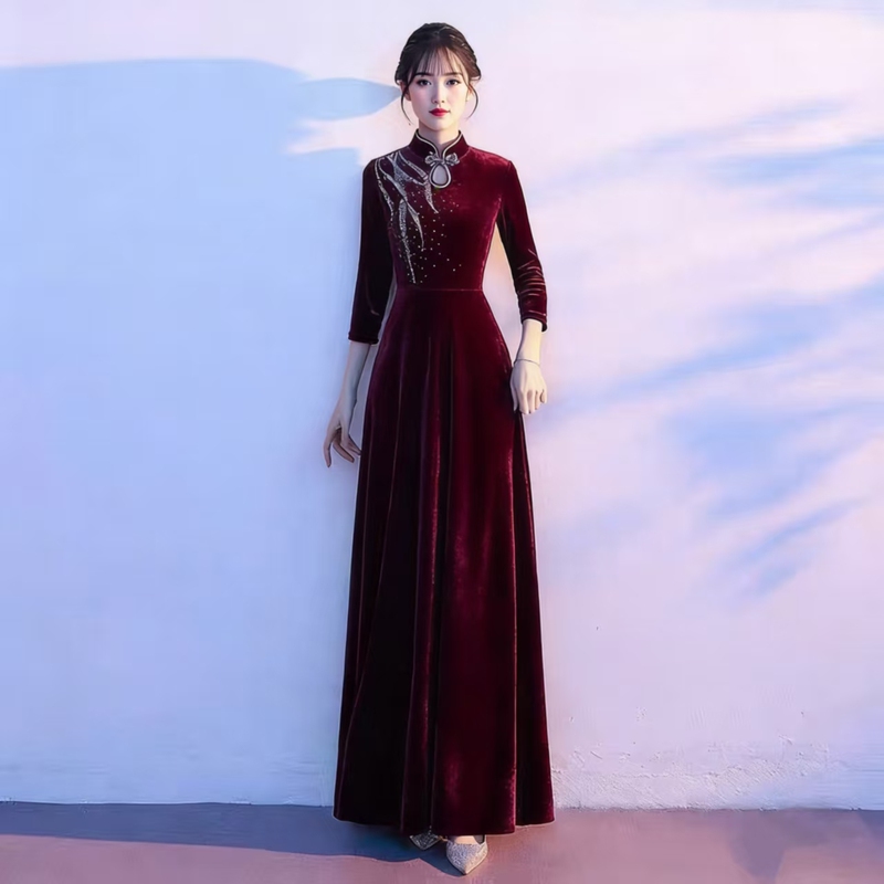 New Choral Dress, Gold Velvet Performance Costume, Women's Long Skirt, Adult Slim Fit, Middle-Aged and Elderly Choir Conductor Uniform