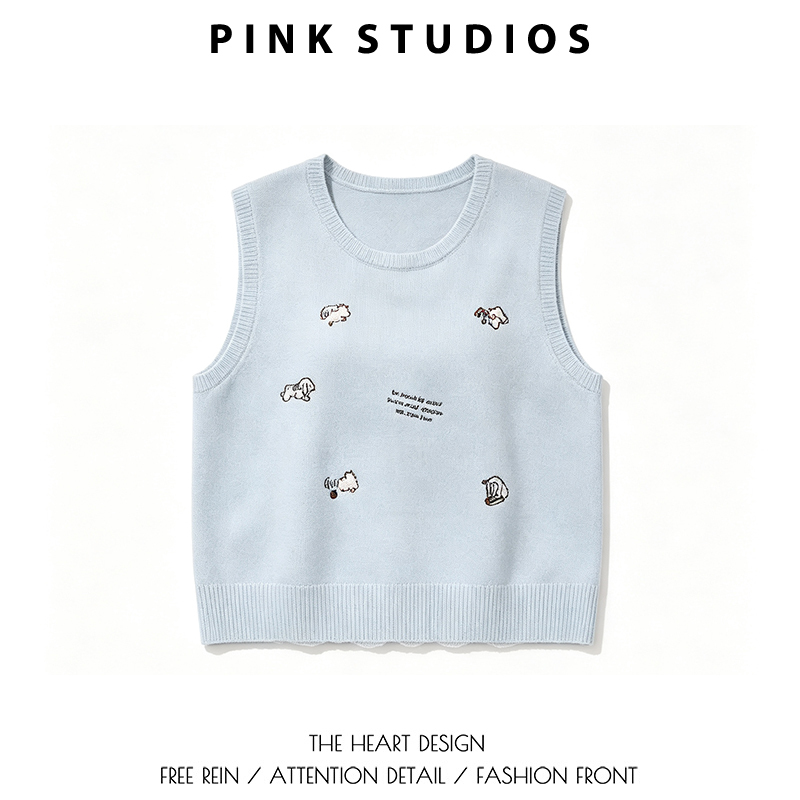 Blue Cartoon Embroidered Knitted Vest for Women, Spring and Autumn Pullover Round Neck Vest, Korean Style Layered Sleeveless Sweater