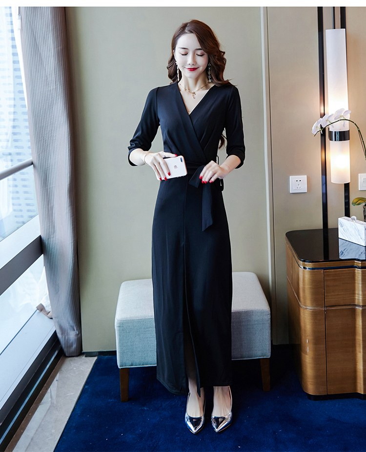 2019 phụ nữ mới Victoria retro váy cổ chữ V khí chất ren gợi cảm váy đen xẻ váy mẫu váy đi biển