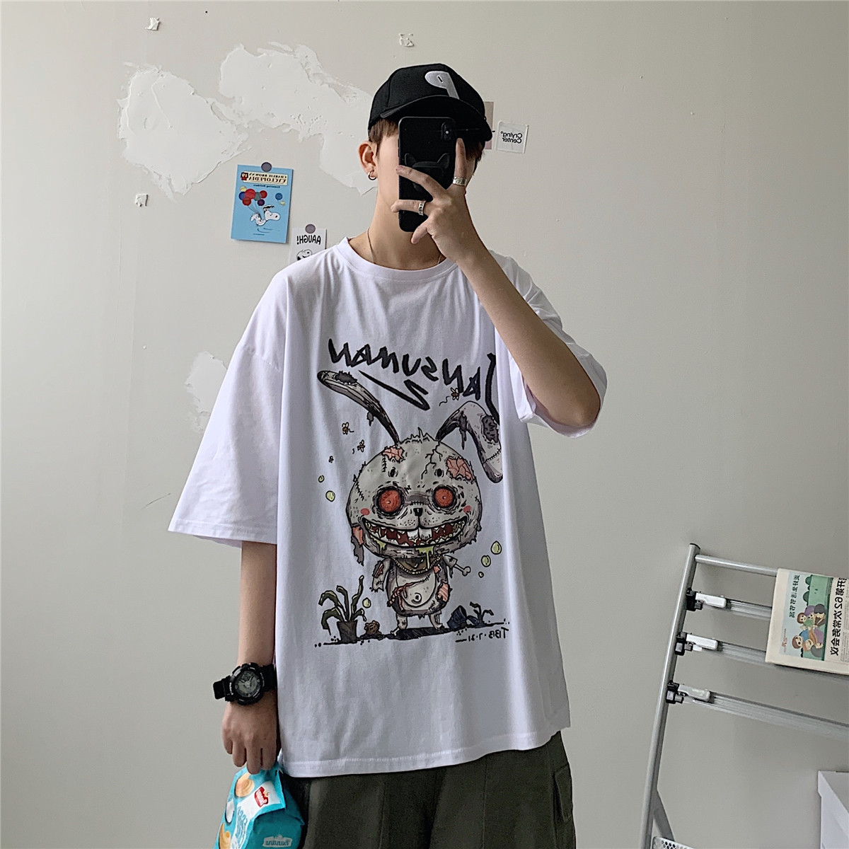 Hong Kong style clothes men's short-sleeved T-shirt tide brand trend all-match ins students summer casual loose cotton half sleeves