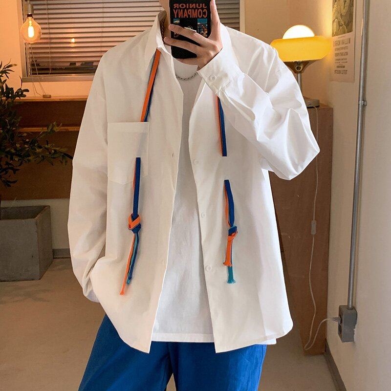 Port Wind Side Webbing Long Sleeves Shirt Men's Autumn Diners Couple Loose Clothes Trend Tide Trump Student Coats