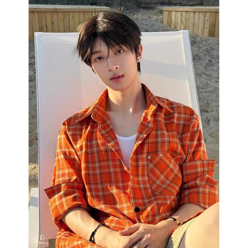 Dopamine Orange Plaid Shirt for Men, Summer American Style Men's Long-Sleeved Shirt, Outdoor Sun Protection Thin Jacket