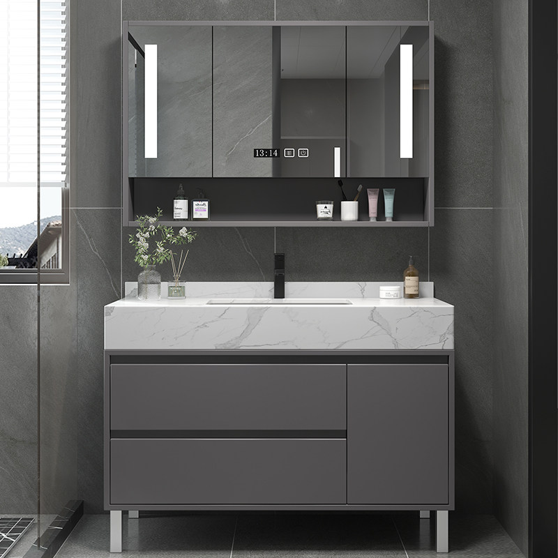 Light luxury bathroom cabinet combination simple modern mirror cabinet set powder room hand wash basin rock slab integrated washstand