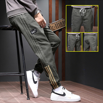 Hallen casual pants men loose bunches foot autumn winter new Korean version trendy stripes fashion elastic 100 hitch pants