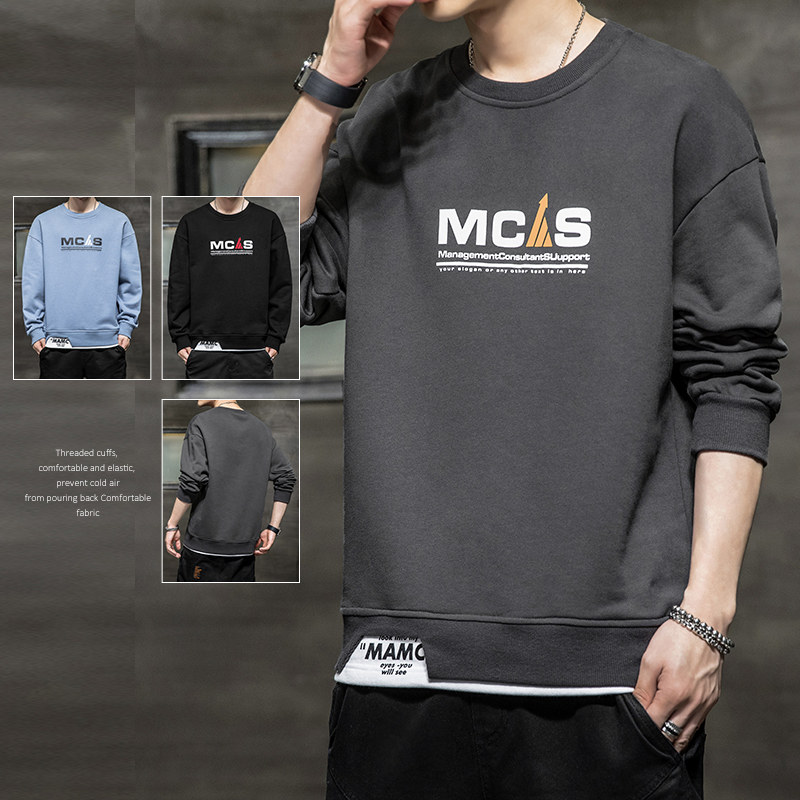 Autumn men's versatile thick cotton T round neck hatless top couple men's wear outside wearing long sleeve trend loose clothes tide brand