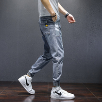 Spring denim trousers mens loose casual overalls Korean version of the trend big Joker feet Haren pants Tide brand