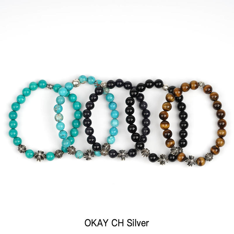 Luoxin Trendy Four Silver Beads 8mm Turquoise Obsidian Tiger Eye Stone 925 Sterling Silver Beads Bracelet