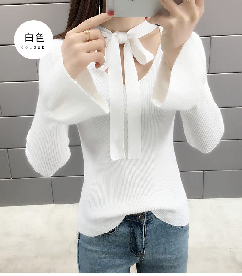 Đầu xuân phụ nữ in nơ tay áo mùa xuân 2019 mới mỏng đan đáy áo len nữ - Áo len cổ chữ V áo len cổ tim