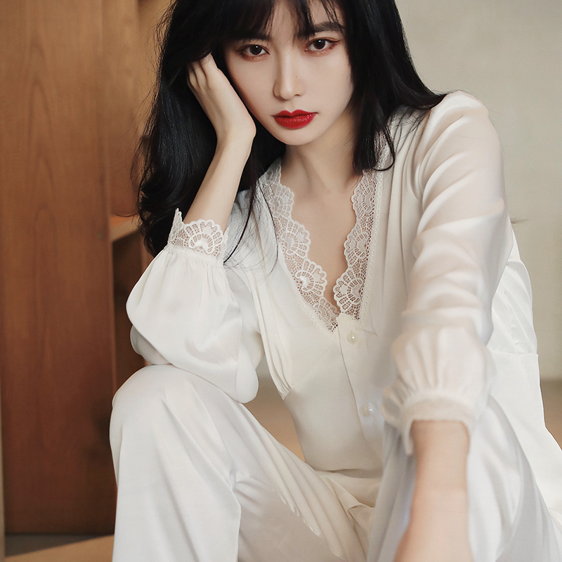 Word of mouth recommends designer money ~ VIRRI CIAGA pyjamas women's spring and autumn elegant lace true silk home clothes-Taobao