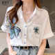 White printed chiffon shirt women's 2022 summer new fashion loose short-sleeved top temperament polo collar shirt