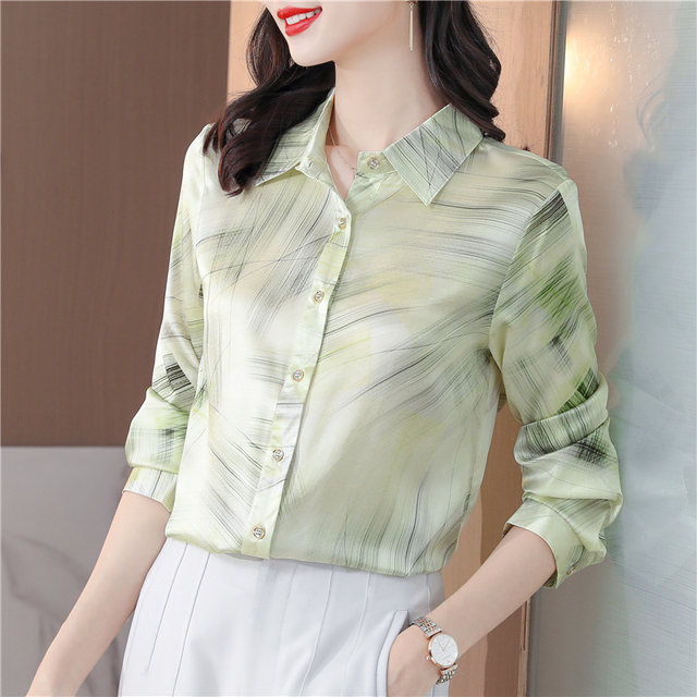 Green satin short silk shirt women's 2022 autumn new temperament high-end Hangzhou acetate mulberry silk top