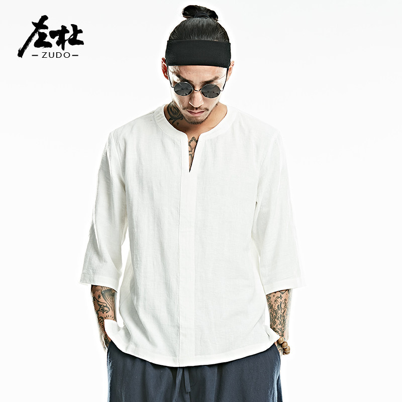 左杜 中国风 亚麻宽松款 男式七分袖T恤 天猫优惠券折后￥98包邮（￥158-60）3色可选