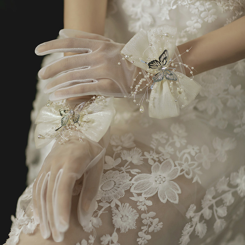 Bridal Korean style meritocracy Romantic White Yarn Gloves Pearl Streaming Subow Wedding Wedding wedding dress Genuine Accessories