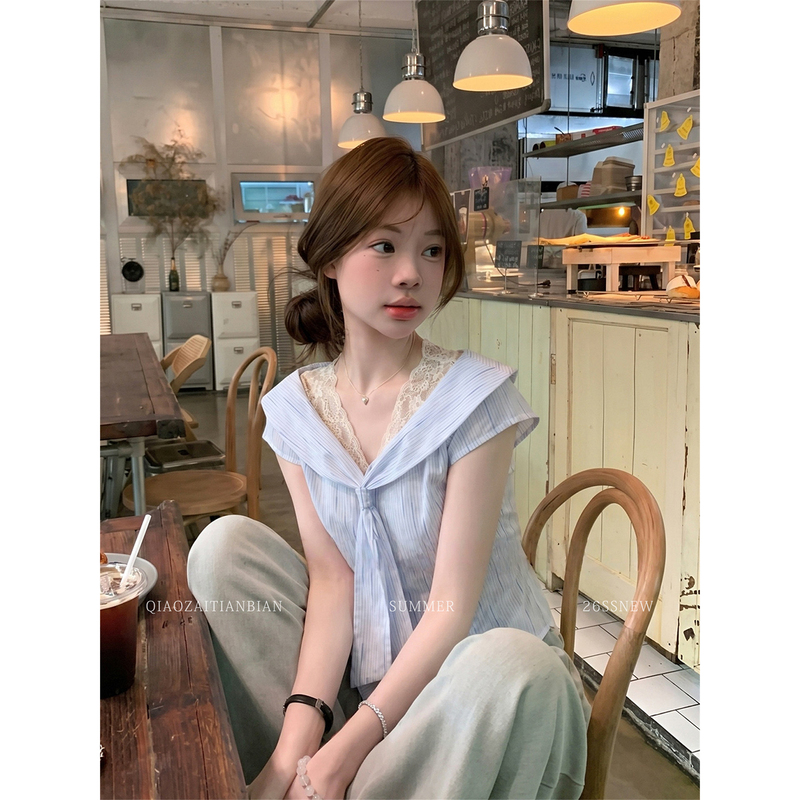 Bridge in the Sky: Stylish Blue Lace Trim Navy Collar Thin Striped Shirt for Women, Summer Trendy Short Top Bridge in the Sky: Stylish Blue Lace Trim Navy Collar Thin Striped Shirt for Women, Summer Trendy Short Top
