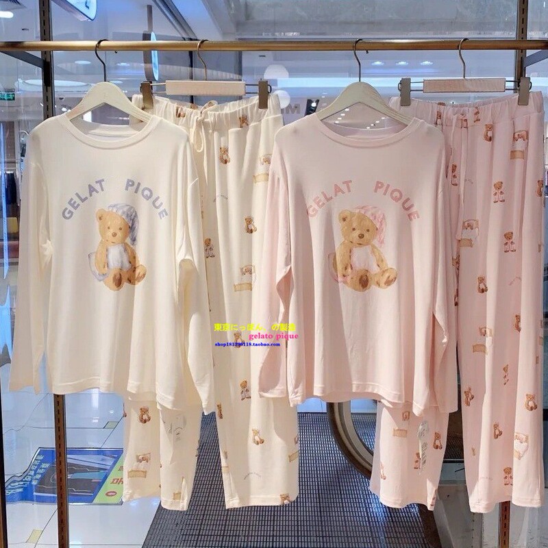 Japan Gp Gelato Pique Spring Couple Pajamas for Women, Cute Good Night Pure Cotton Bear Long-Sleeved Loungewear