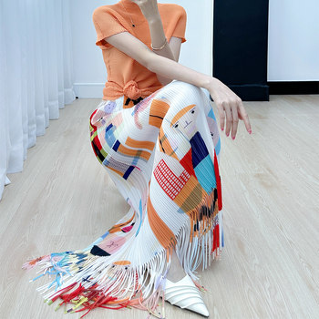 Miyake printed skirt women's 2023 summer new foreign style niche age-reducing printed fringed pleated all-match skirt