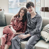 Couple pajamas womens spring and Autumn thin long-sleeved gold velvet two-piece suit simple large size can be worn outside home clothes Mens winter