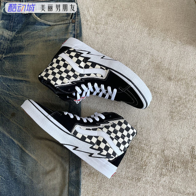 VANS ເກີບສູງ SK8-HI ສີດໍາແລະສີຂາວ checkerboard ຮູບແບບຟ້າຜ່າຜູ້ຊາຍແລະແມ່ຍິງເກີບຜ້າໃບເກີບ sneakers VN0A5JIVA04