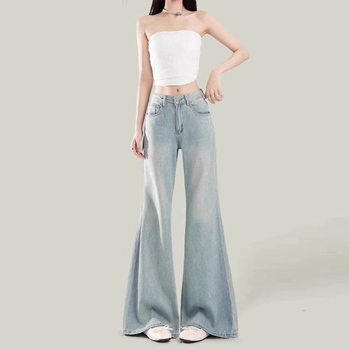 Синие летние джинсы, штаны, штаны-клёш, высокая талия, свободный крой