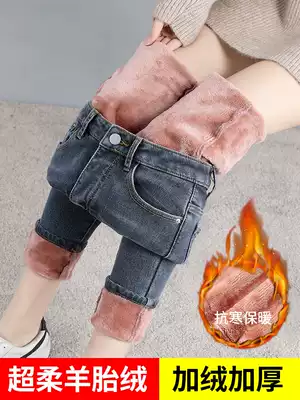 Plus velvet thickened jeans women's winter high-waisted slim-fitting trousers warm plus velvet outer wear one-piece velvet autumn and winter new pants