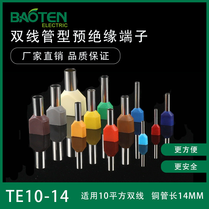 Copper double-wire TE10-14 tube-type pre-insulated terminal head needle-type cold-pressed terminal 10 square 250 pieces