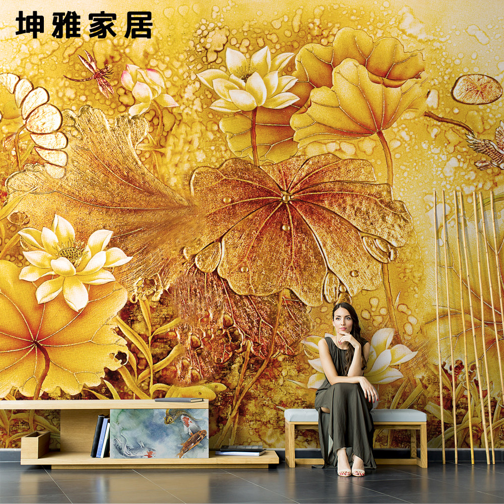 Bamboo and wood fiber integrated wall panel Chinese retro lotus lotus leaf TV background wall panel living room decorative panel wall panel