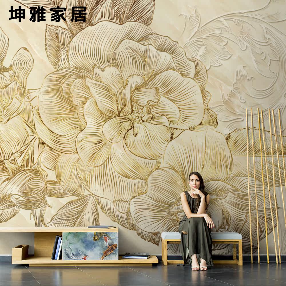 Bamboo and wood fiber integrated wall panel Chinese retro embossed peony TV background wall panel living room decorative panel wall panel