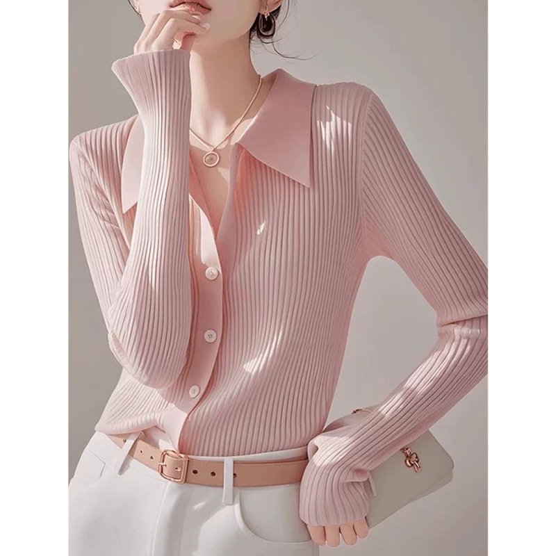 Authentic Gejia New 2026 Spring and Autumn Elegant Polo Collar Pink Wool Knit Cardigan Long-Sleeve Lapel Sweater for Women