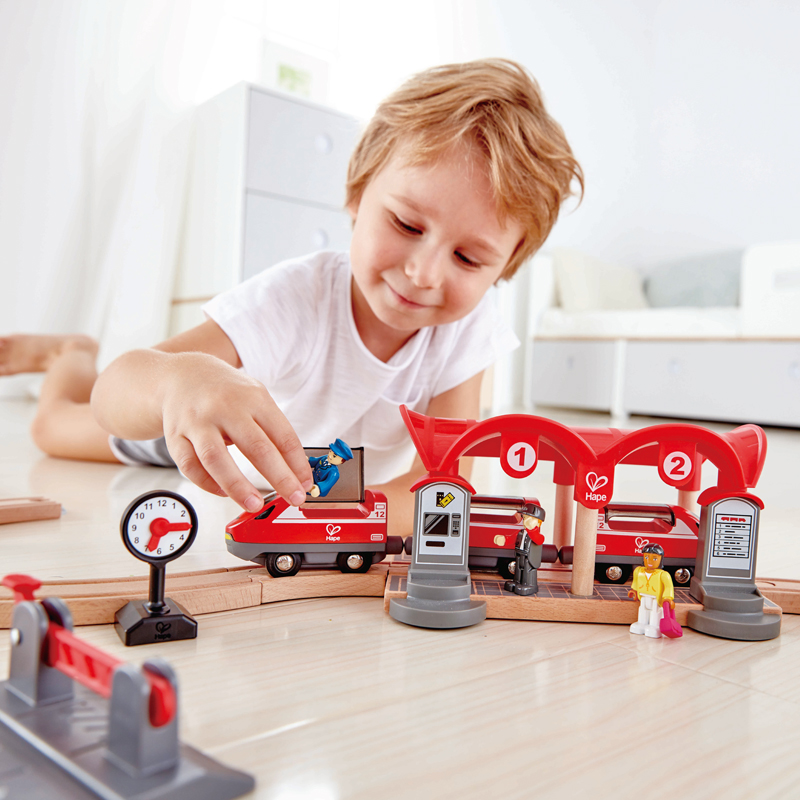 Hape multi-function train track set wooden baby assembled building block track wooden transport storage set toy