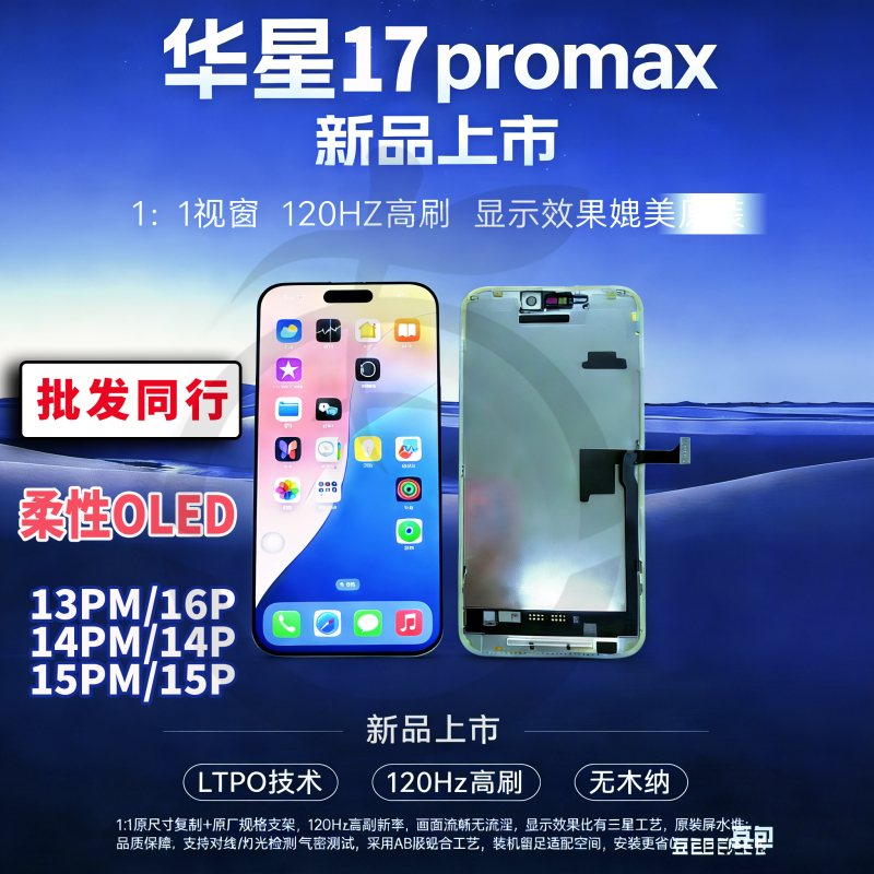 Huaxing Upgraded Version Is Suitable for 17Promax16Pmoled High Refresh Rate Screen 13Pro 14Pm Flexible Screen