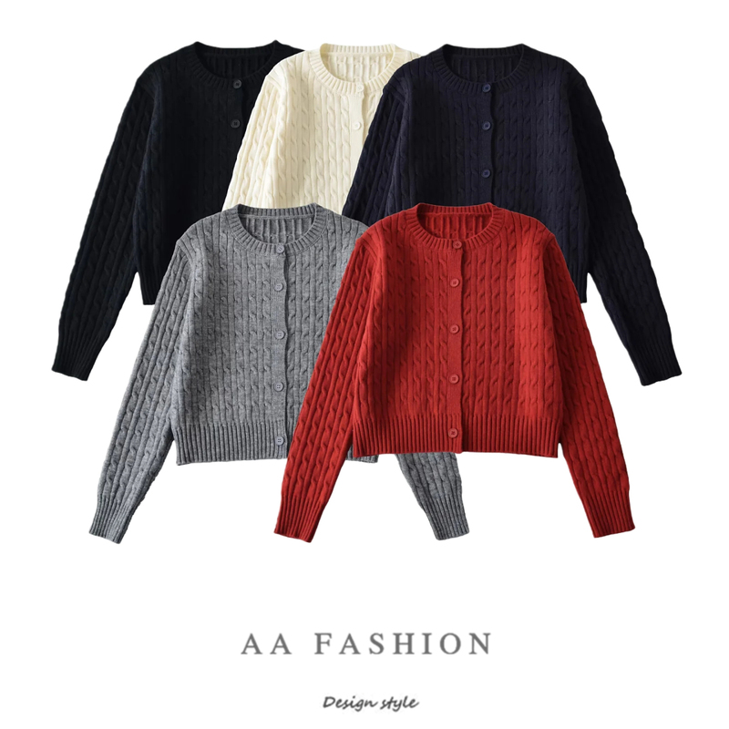 Aa European and American Style Women's Round Neck Long-Sleeved Twist Knit Cardigan Sweater Loose Slimming Short Top Jacket 29