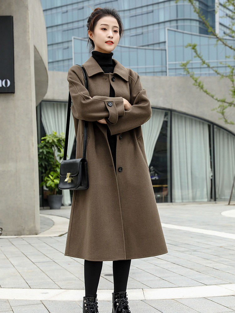 Double-sided zero cashmere coat women's mid-length version over the knee 2022 autumn and winter new milk tea green wool woolen casual coat