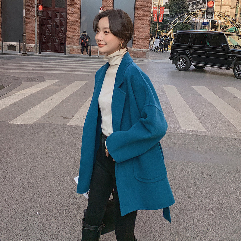 Double face cashmere big coat woman short 2021 autumn winter new Korean version loose lace with gentle and casual plush jacket