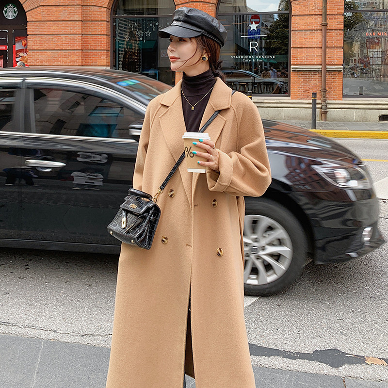 High end big card double face cashmere dresses with long version over knee 2021 autumn and winter new loose wool coat