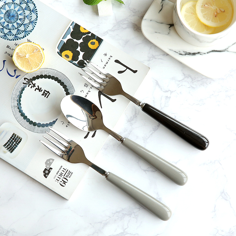 Black Ensemble Glazed Ash Ceramic Handle Cutlery Themed West Restaurant Western Dining Cutlery Steak Fork Grey Stainless Steel Spoon