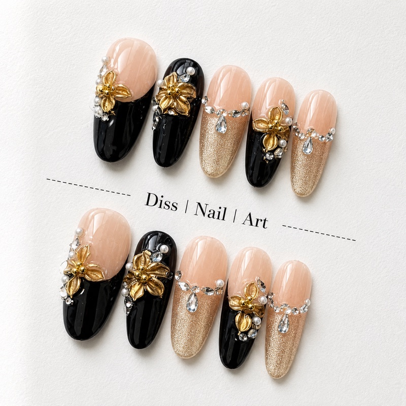 Black Gold Mandala | French-Style Heavy-Duty Sparkling Handmade Black Wearable Nails, Long-Length Nail Stickers That Enhance Complexion Black Gold Mandala | French-Style Heavy-Duty Sparkling Handmade Black Wearable Nails, Long-Length Nail Stickers That Enhance Complexion