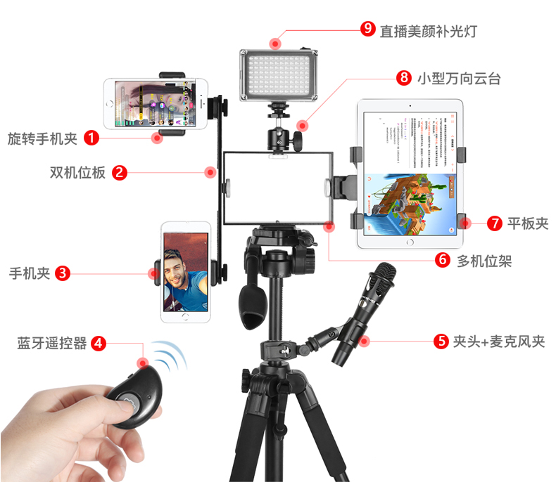 Điện thoại di động sống selfie phụ kiện nhiếp ảnh xoay điện thoại di động clip tablet chủ điều khiển từ xa đa máy ảnh điền ánh sáng