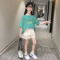 Girls  suit Net red foreign style 2021 new summer fashion childrens clothing middle and large childrens summer hip-hop style two-piece set