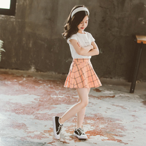 Girls Childrens Clothing Short Sleeve Suit 12-year-old girl Childrens fashion Net Red summer Suit Skirt Mid-size Childrens summer Clothes