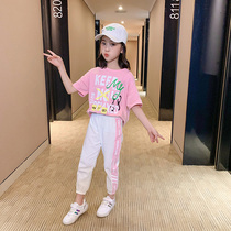 Girls summer foreign style suit 2021 new childrens Korean version of the net red summer clothes in the big childrens sports two-piece set tide
