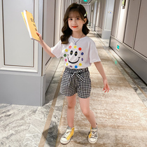 Girls summer suit 2021 new childrens net red foreign style student summer cartoon short-sleeved sweatpants two-piece set