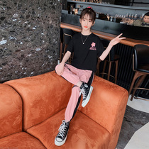 Girls summer suit 2021 new childrens summer net red tide clothes in large childrens short-sleeved sports two-piece suit