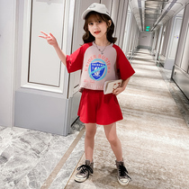 Girls net red suit summer 2021 new childrens foreign style little girl summer sports short-sleeved shorts two-piece set
