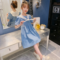 Girls soft denim dress summer 2021 new foreign style childrens skirt pure cotton big child doll collar princess dress