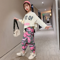 Girls spring suit 2021 new childrens net red spring and autumn Korean version camouflage little girl two-piece set tide