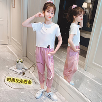 Childrens short-sleeved net red suit summer 2021 new handsome baby in the big child foreign girl summer two-piece suit